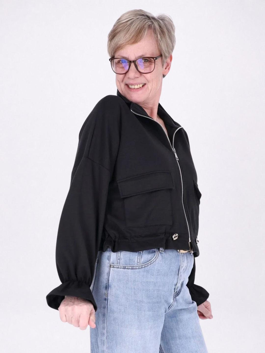 Jacke Damen Sweat Tunnelzug aufgesetzte Taschen kurz