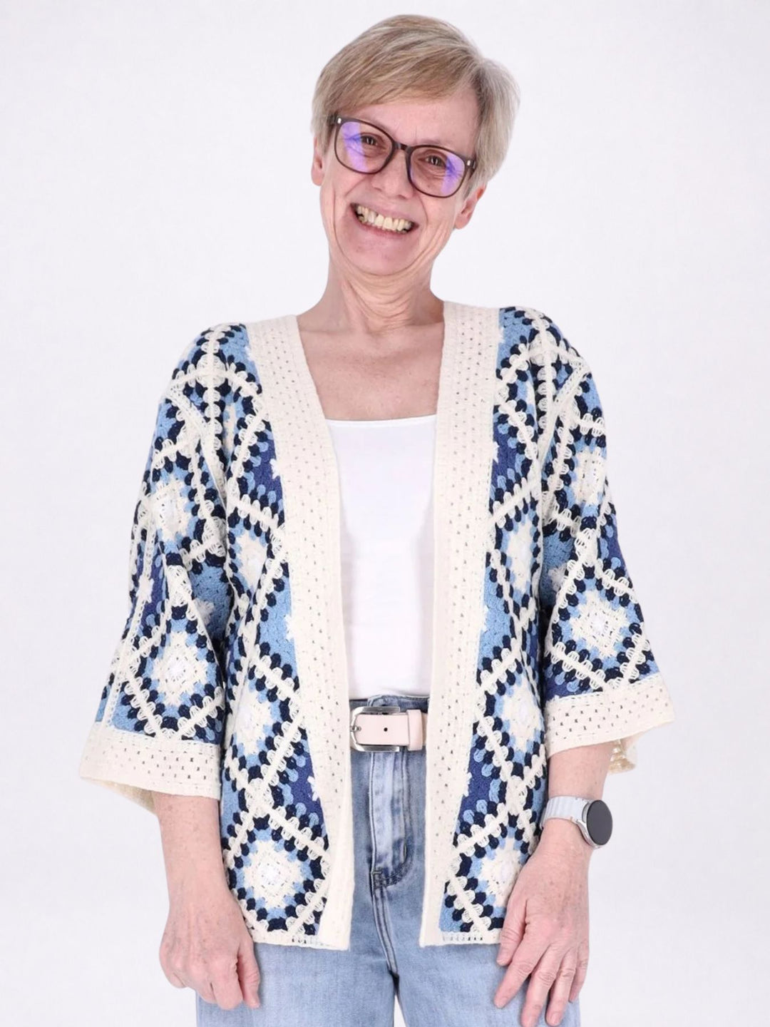 Strickjacke Häkel Damen kurz 3/4 Arm