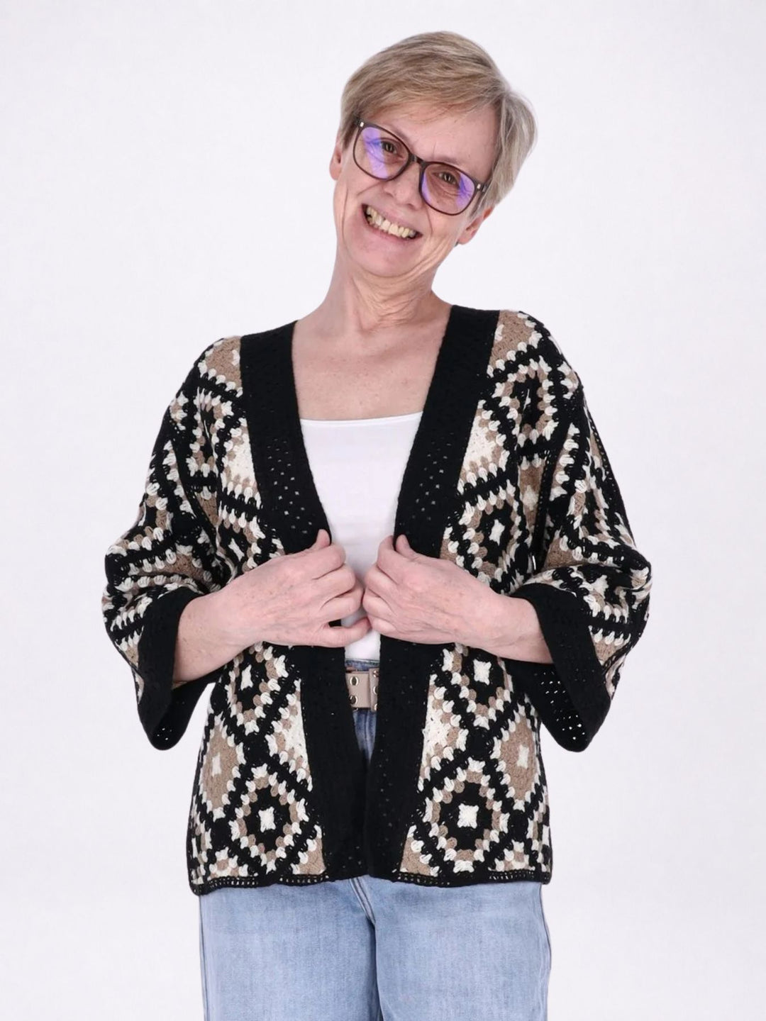 Strickjacke Häkel Damen kurz 3/4 Arm