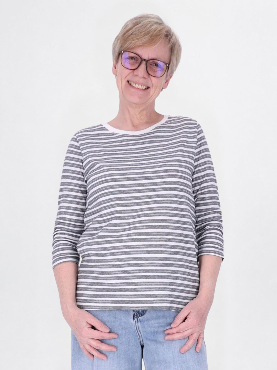 Shirt Damen Streifen Geraffter Ärmel
