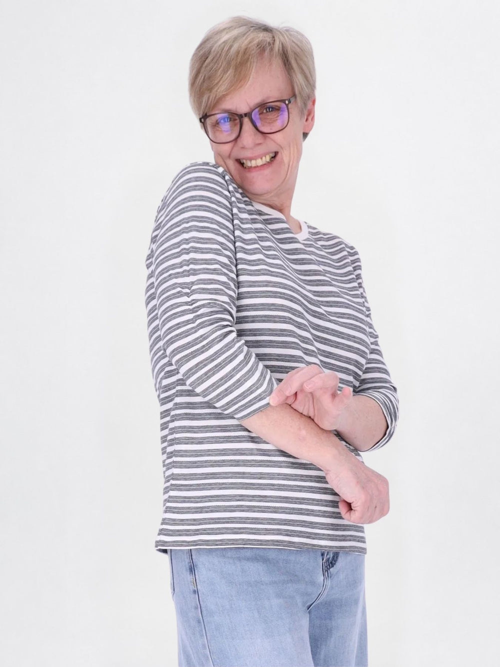 Shirt Damen Streifen Geraffter Ärmel