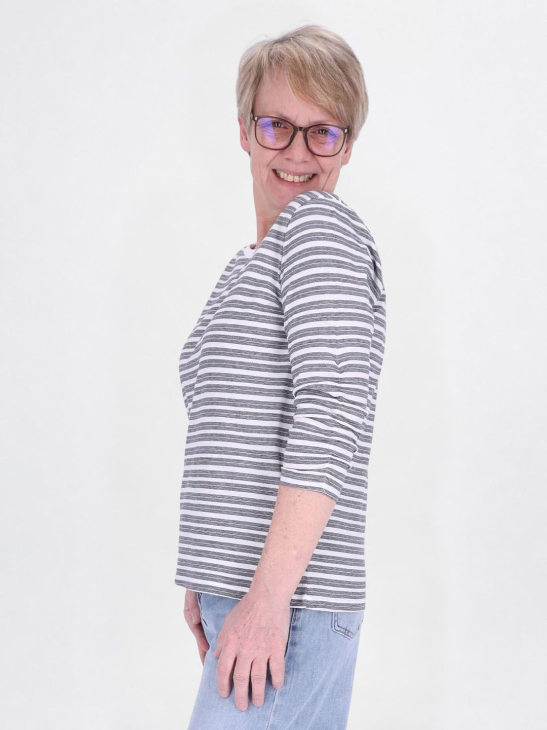 Shirt Damen Streifen Geraffter Ärmel