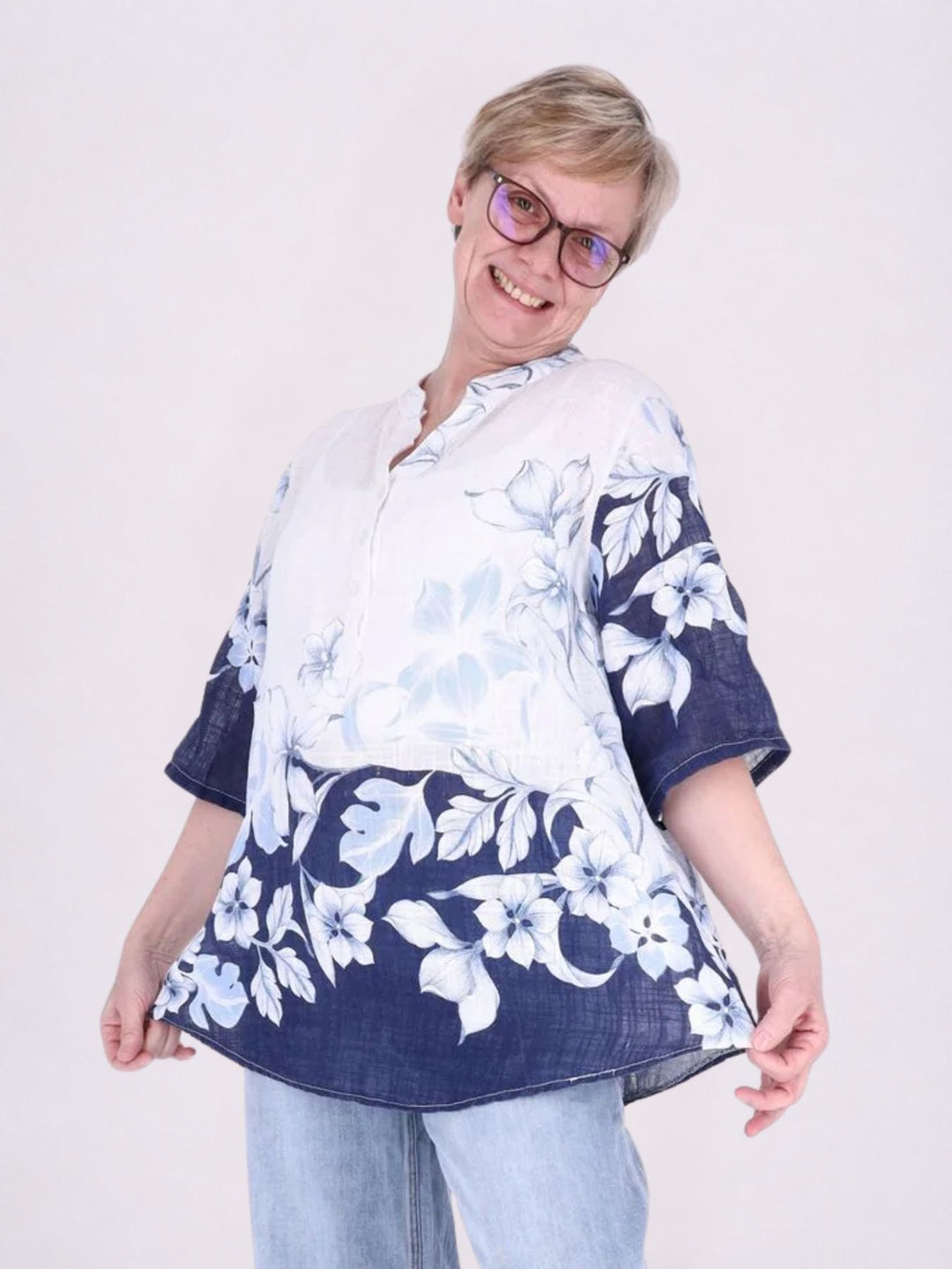 Blusenshirt Damen 3/4 Krempelarm AOP zweifarbig