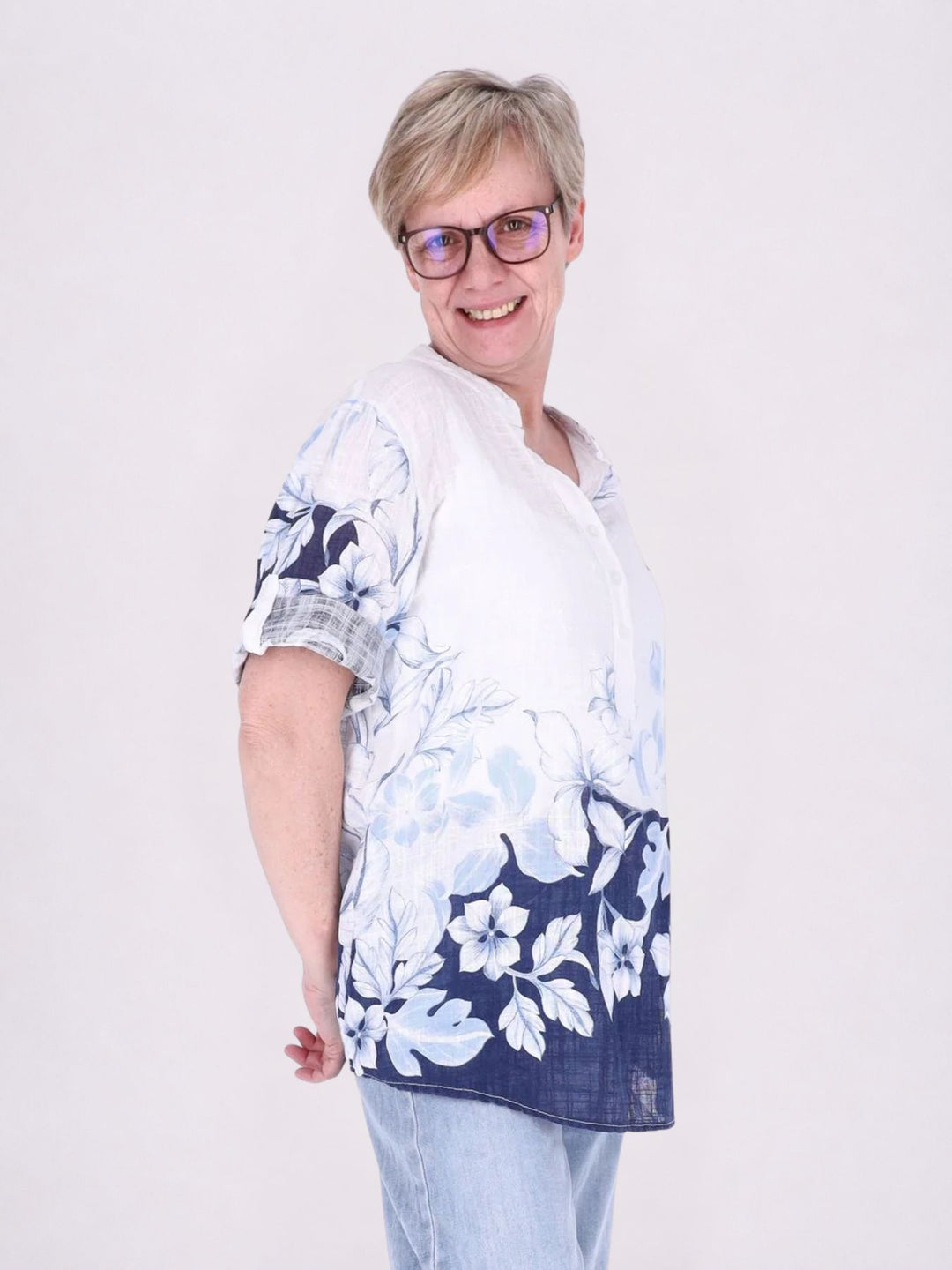 Blusenshirt Damen 3/4 Krempelarm AOP zweifarbig