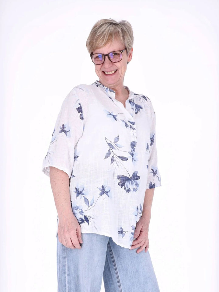 Blusenshirt Damen 3/4 Krempelarm AOP Rosen