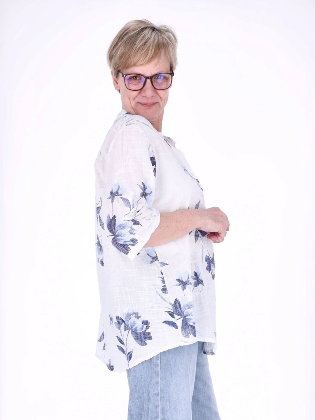 Blusenshirt Damen 3/4 Krempelarm AOP Rosen
