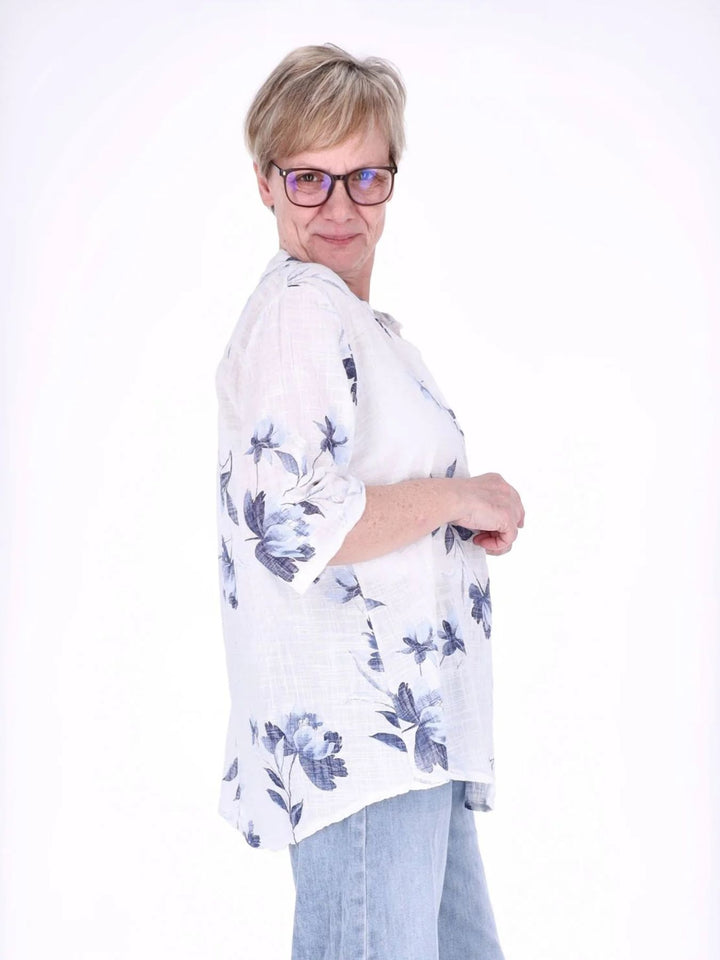 Blusenshirt Damen 3/4 Krempelarm AOP Rosen
