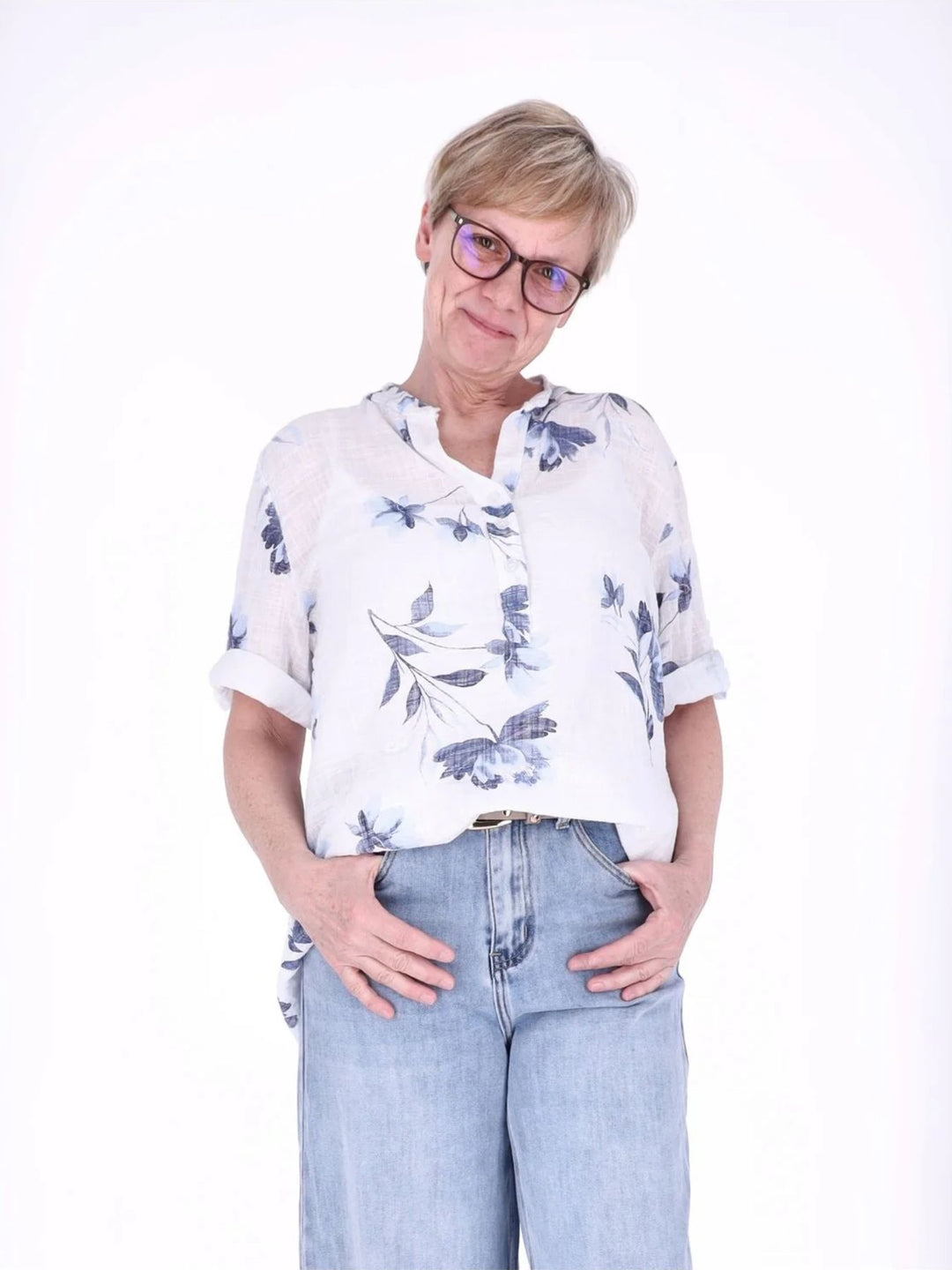 Blusenshirt Damen 3/4 Krempelarm AOP Rosen