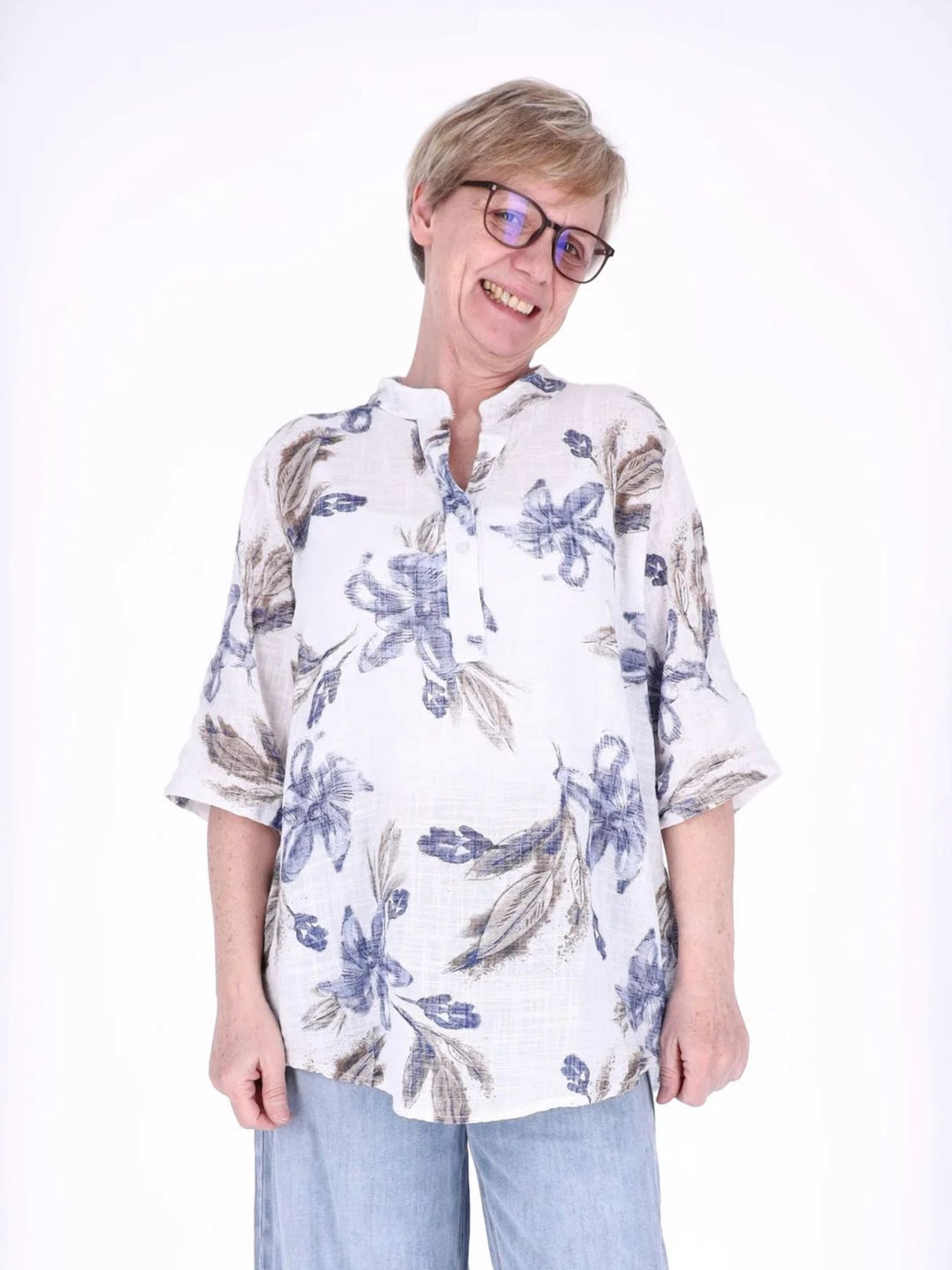 Blusenshirt Damen 3/4 Krempelarm AOP Blüten