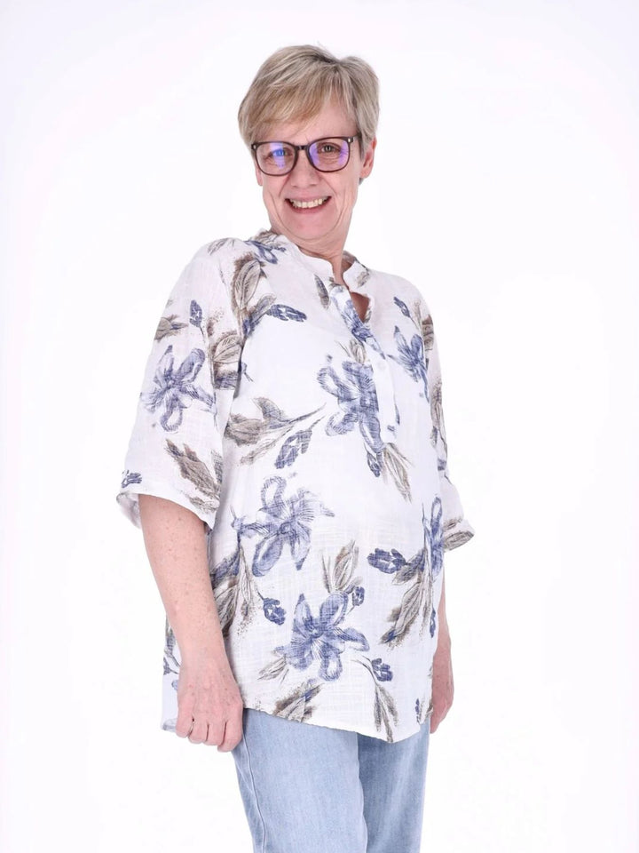 Blusenshirt Damen 3/4 Krempelarm AOP Blüten