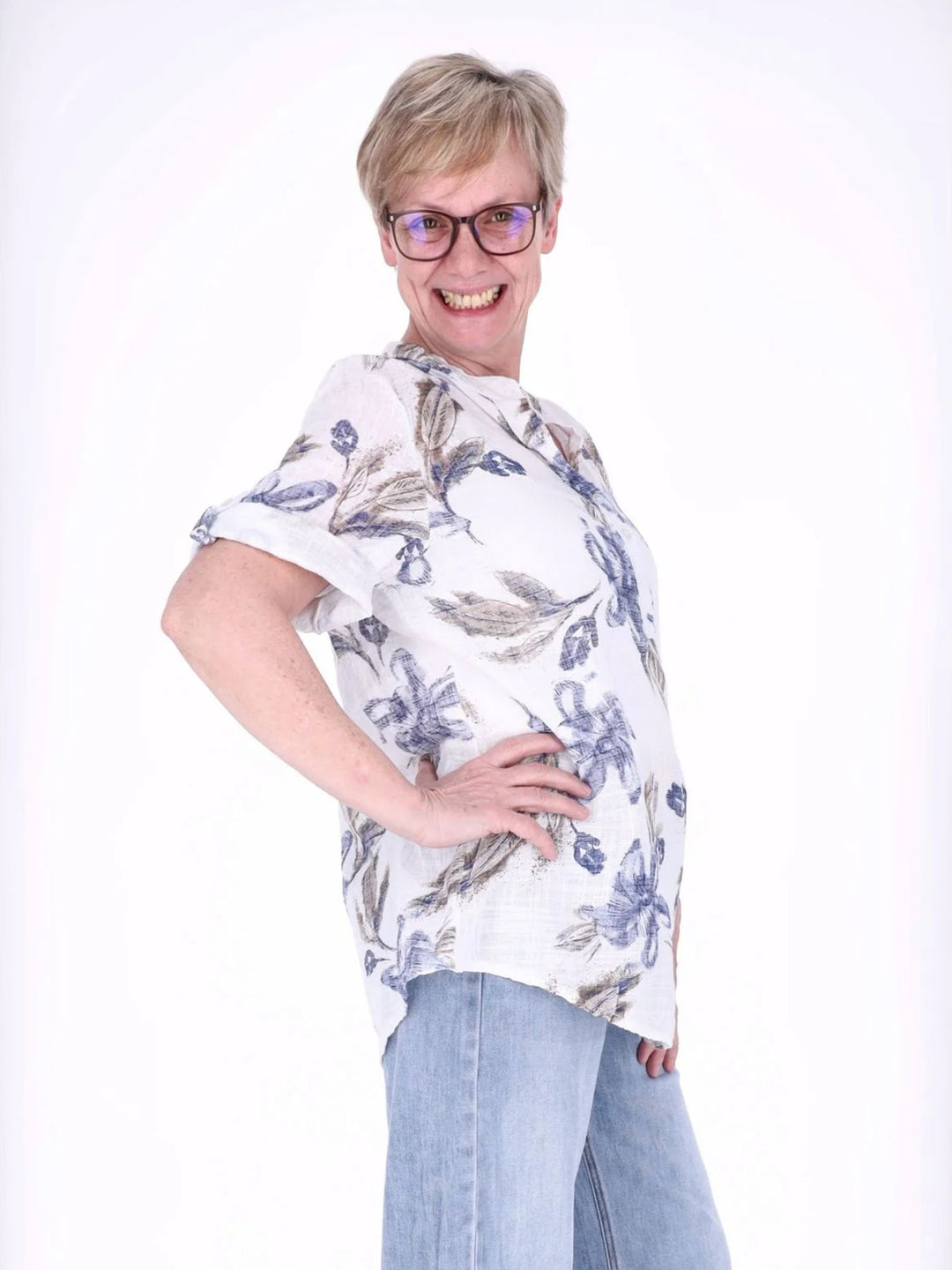 Blusenshirt Damen 3/4 Krempelarm AOP Blüten