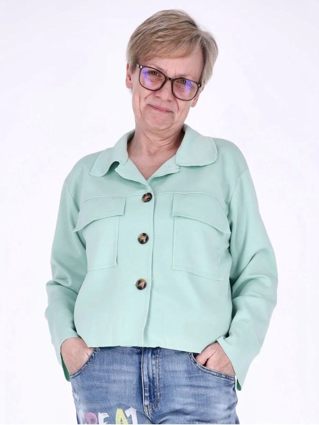 Sewatjacke Damen Hemdkragen Klapptaschen Knopfleiste