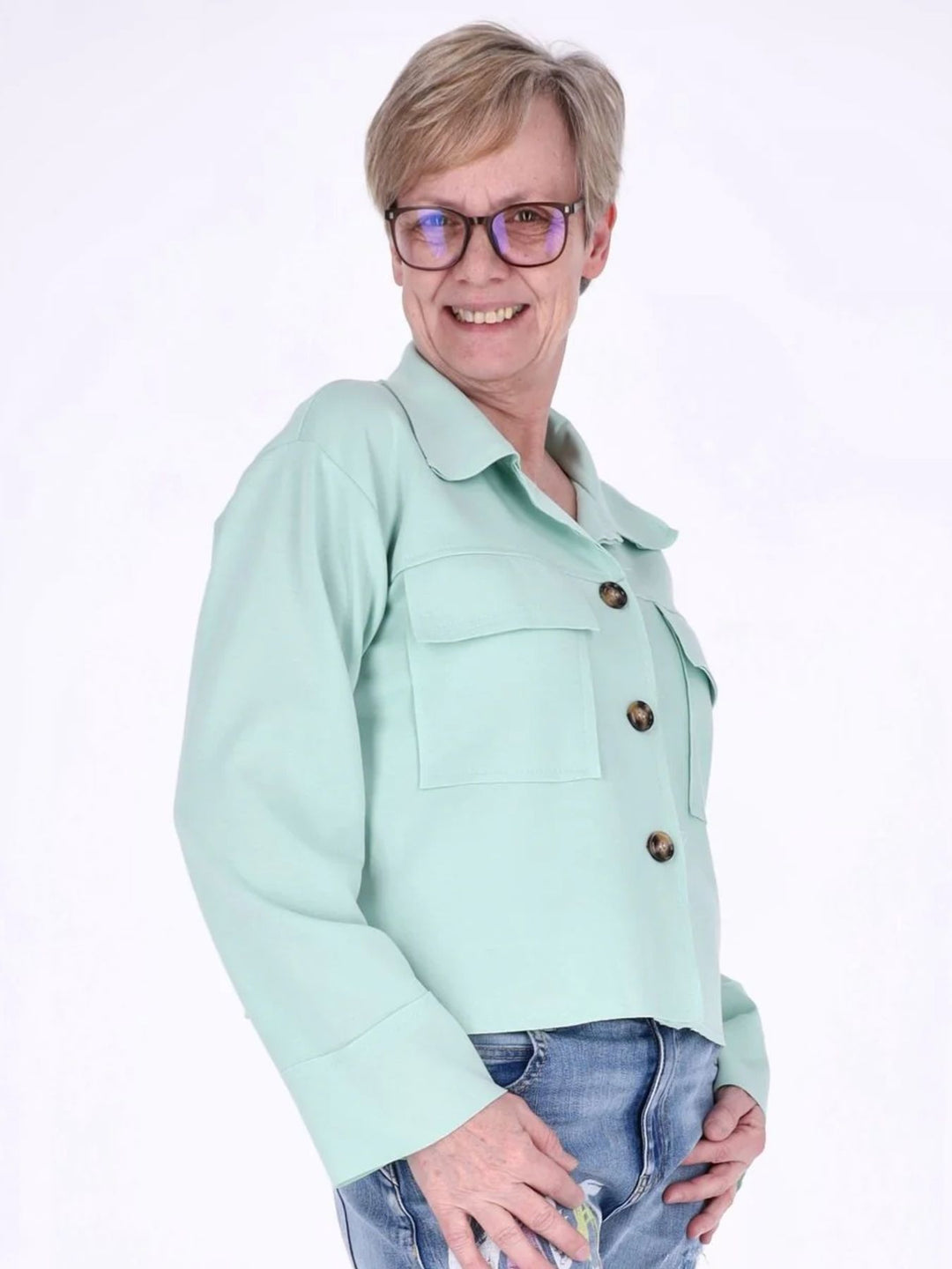 Sewatjacke Damen Hemdkragen Klapptaschen Knopfleiste