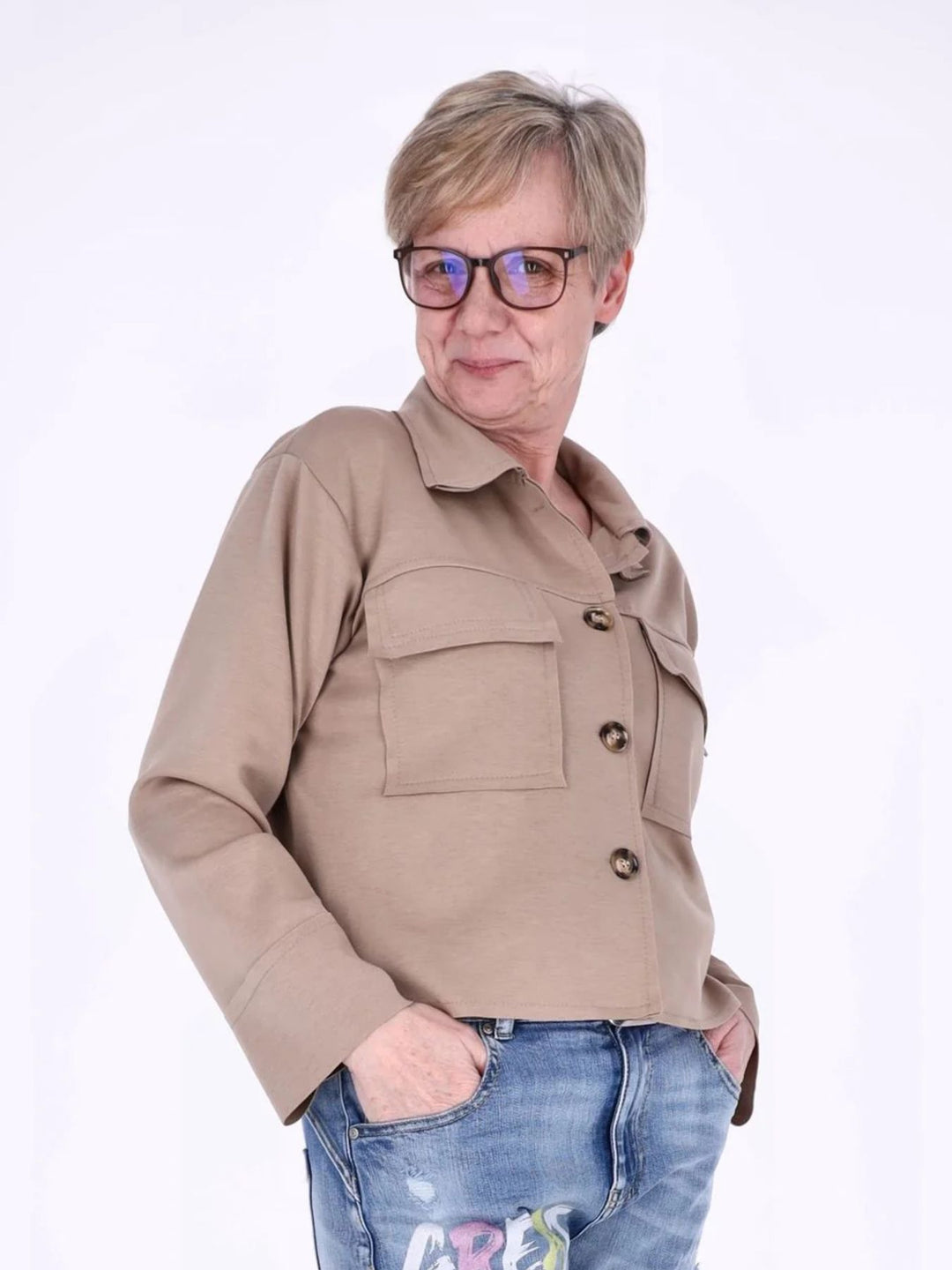 Sewatjacke Damen Hemdkragen Klapptaschen Knopfleiste