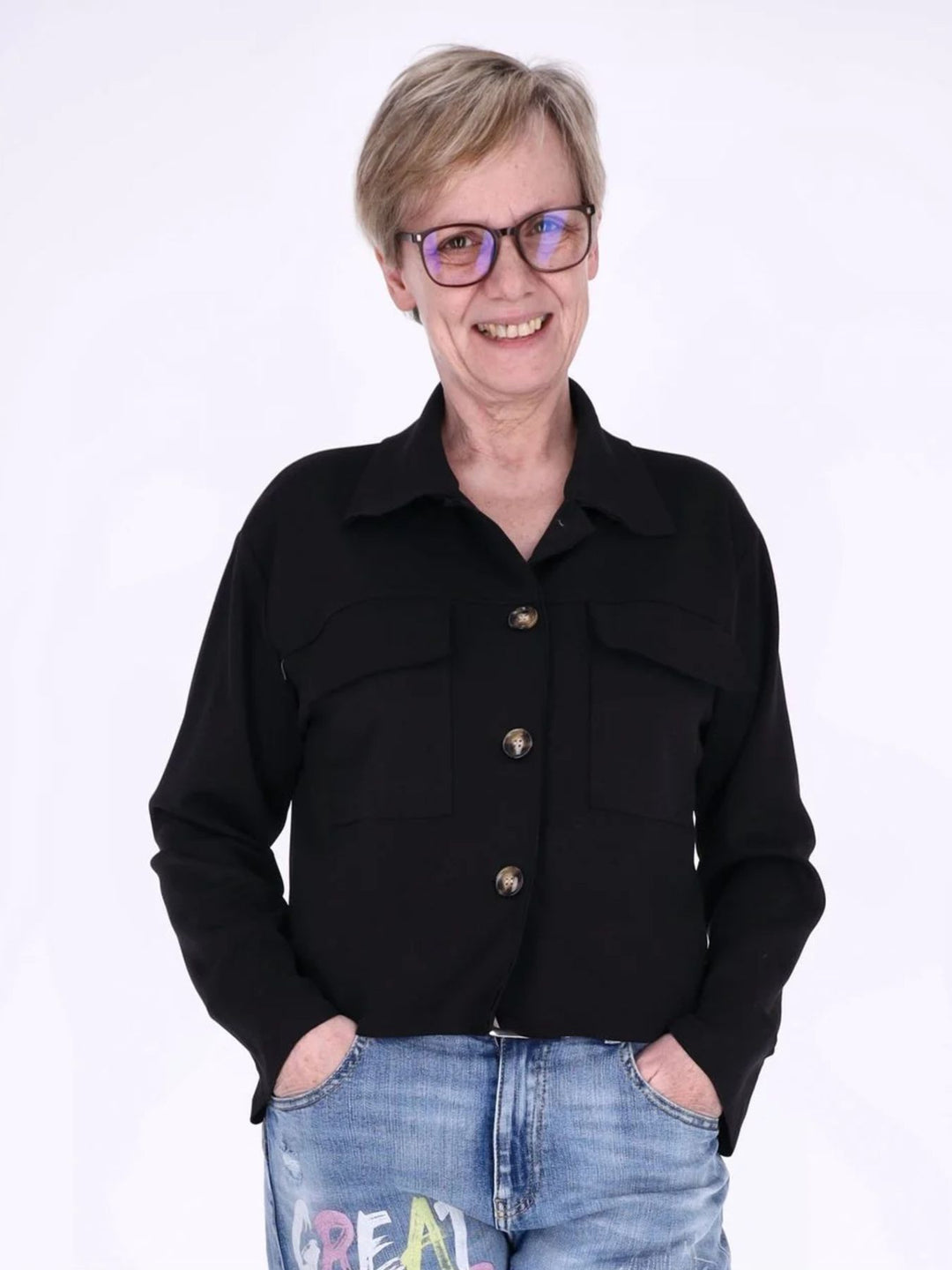 Sewatjacke Damen Hemdkragen Klapptaschen Knopfleiste