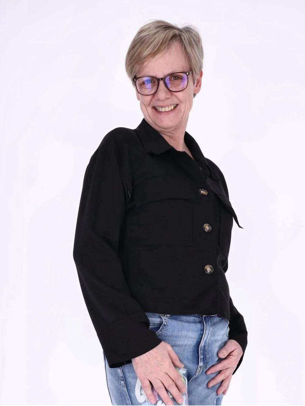 Sewatjacke Damen Hemdkragen Klapptaschen Knopfleiste