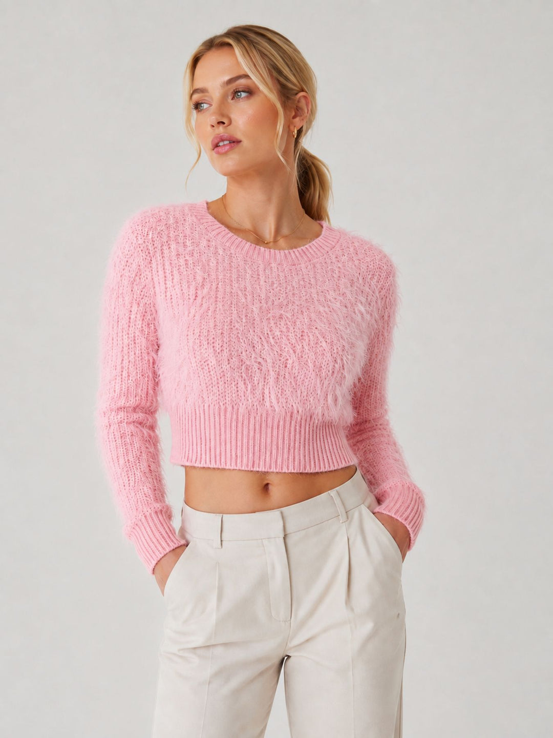 Damen Strickpullover im Boa-Style – Rosa