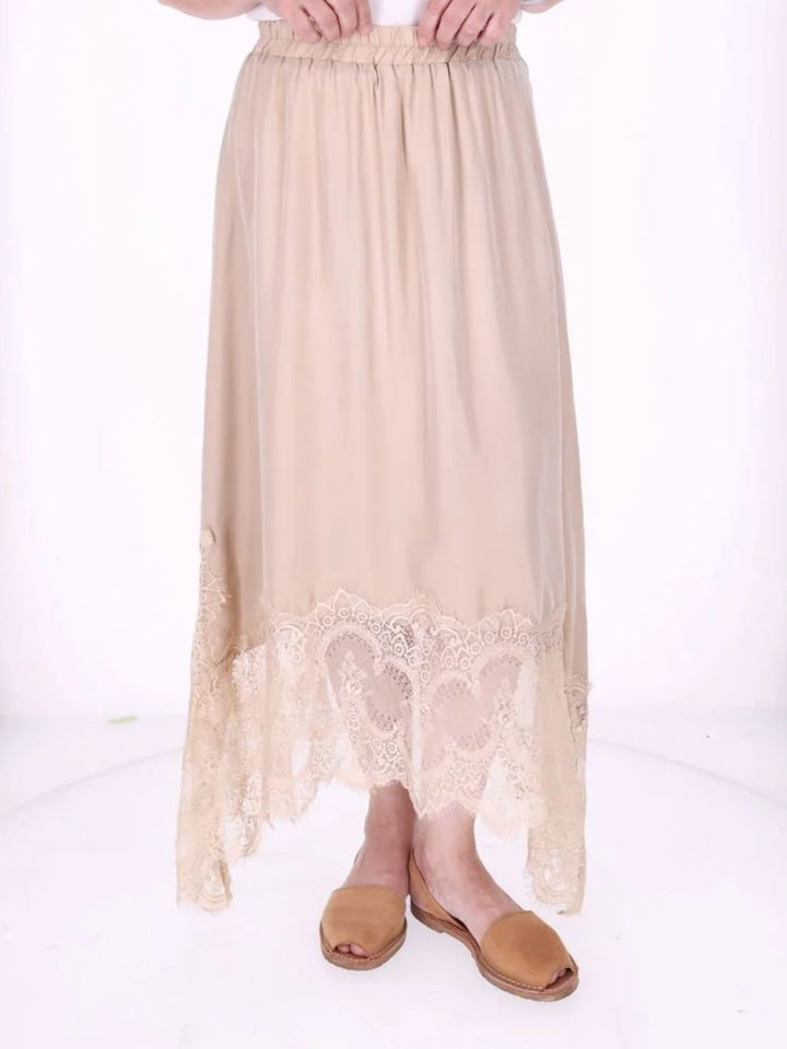 Damen Midi-Rock mit Spitzenkante und asymmetrischem Saum – Beige