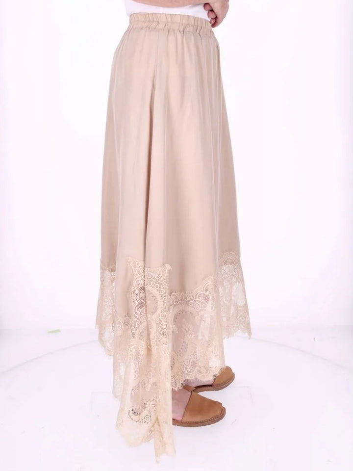 Damen Midi-Rock mit Spitzenkante und asymmetrischem Saum – Beige