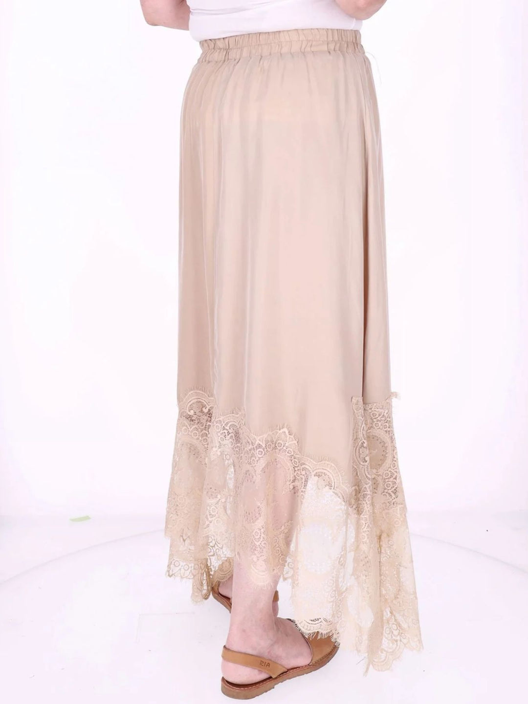 Damen Midi-Rock mit Spitzenkante und asymmetrischem Saum – Beige