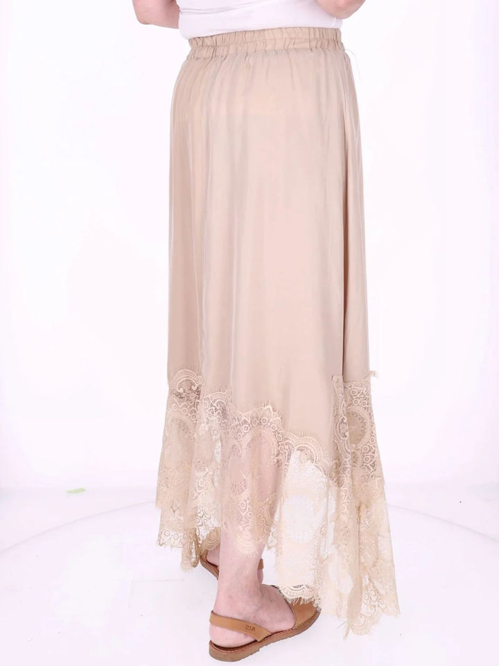 Damen Midi-Rock mit Spitzenkante und asymmetrischem Saum – Beige