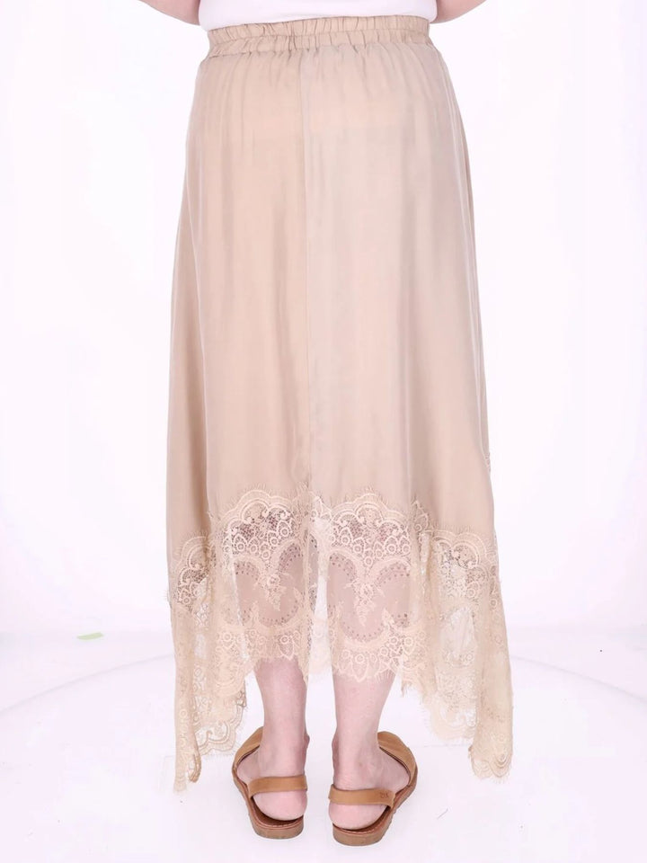 Damen Midi-Rock mit Spitzenkante und asymmetrischem Saum – Beige