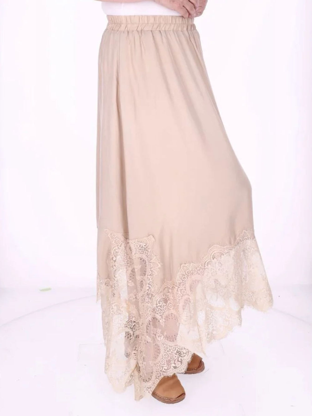 Damen Midi-Rock mit Spitzenkante und asymmetrischem Saum – Beige