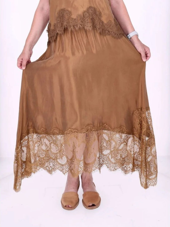 Damen Midi-Rock mit Spitzenkante und asymmetrischem Saum – Camel