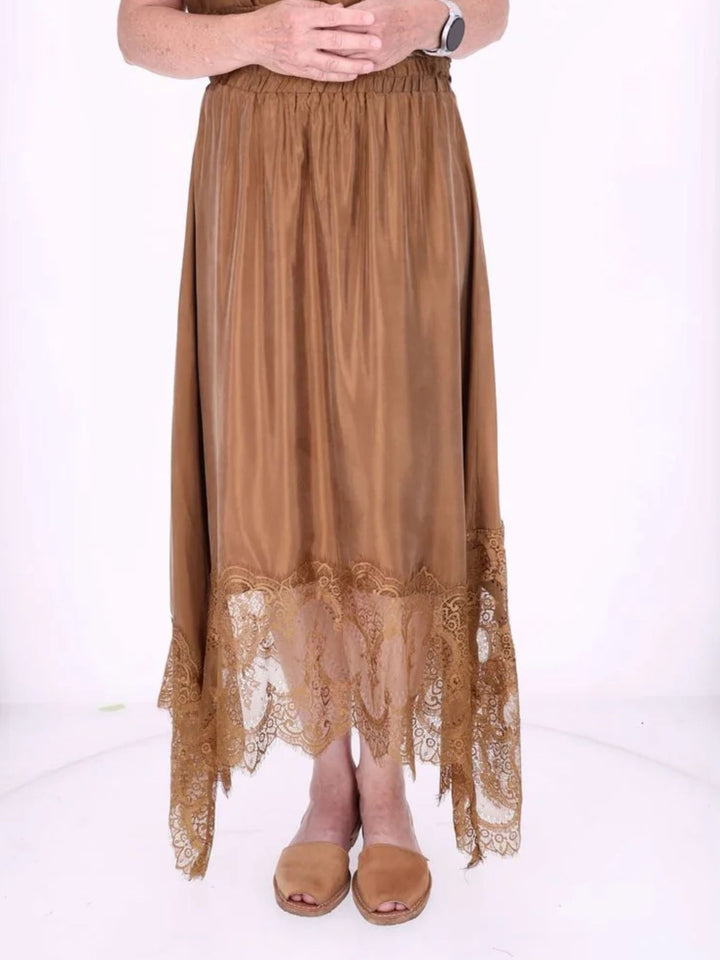 Damen Midi-Rock mit Spitzenkante und asymmetrischem Saum – Camel