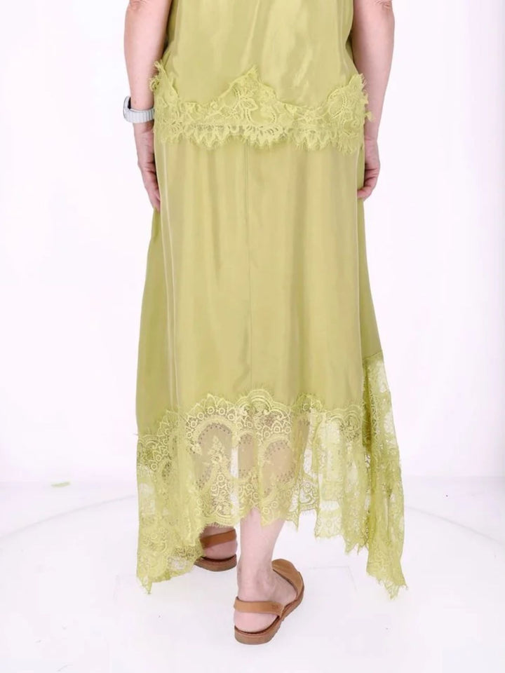Damen Midi-Rock mit Spitzenkante und asymmetrischem Saum – Grün