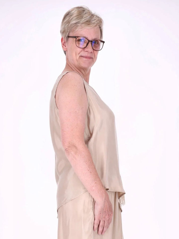 Top Damen Lingerie Asymetrisch Spitze am Saum und Arm in Beige
