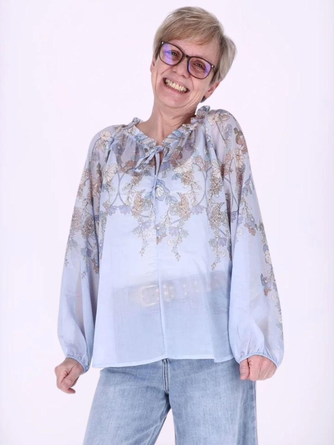 Damen Carmen-Blusenshirt mit floralem Allover-Print aus Baumwolle in Hellblau