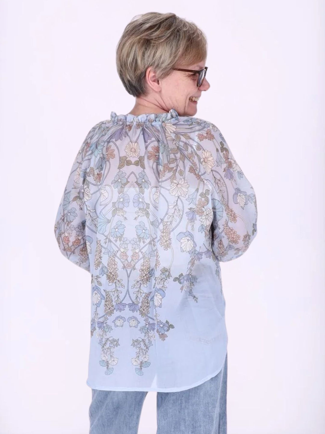 Damen Carmen-Blusenshirt mit floralem Allover-Print aus Baumwolle in Hellblau