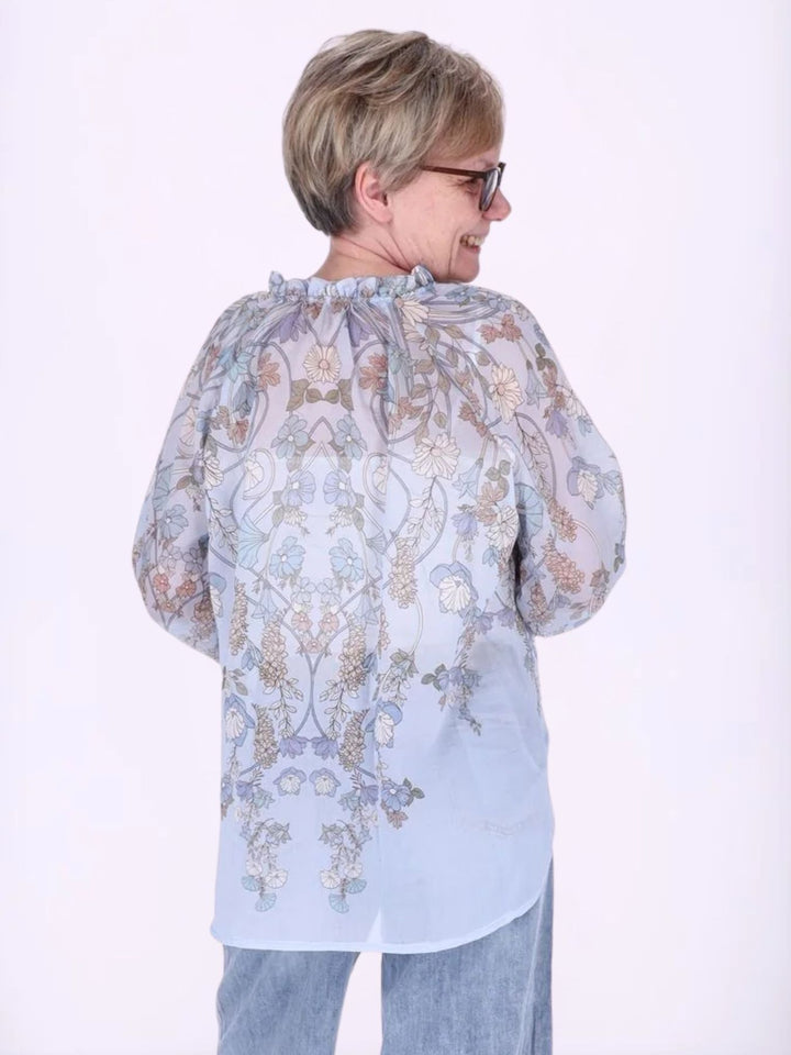 Damen Carmen-Blusenshirt mit floralem Allover-Print aus Baumwolle in Hellblau