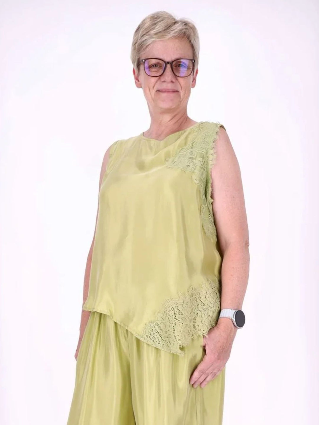 Damen Top mit asymmetrischem Saum und Spitze – Grün