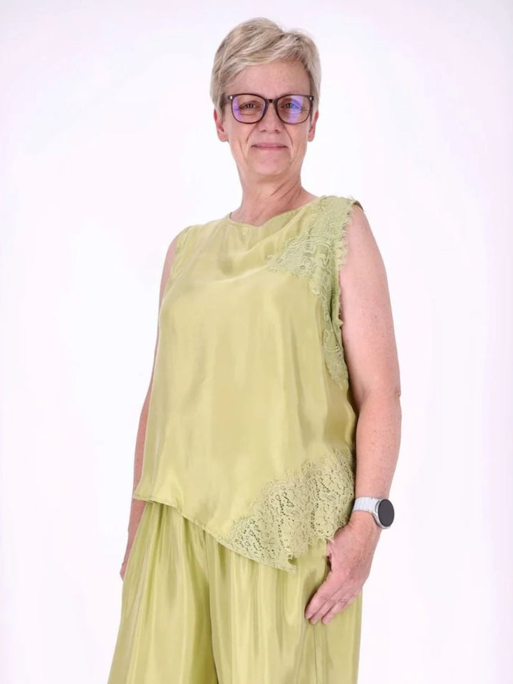 Damen Top mit asymmetrischem Saum und Spitze – Grün