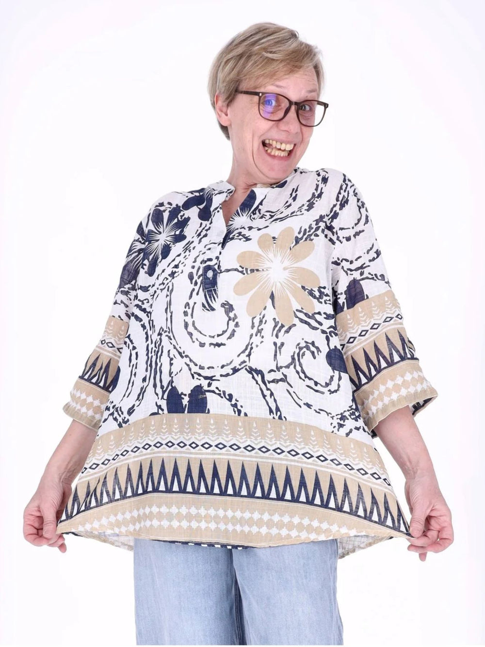 Damen Blusenshirt mit Allover-Print und 3/4-Krempelärmeln – Weiß