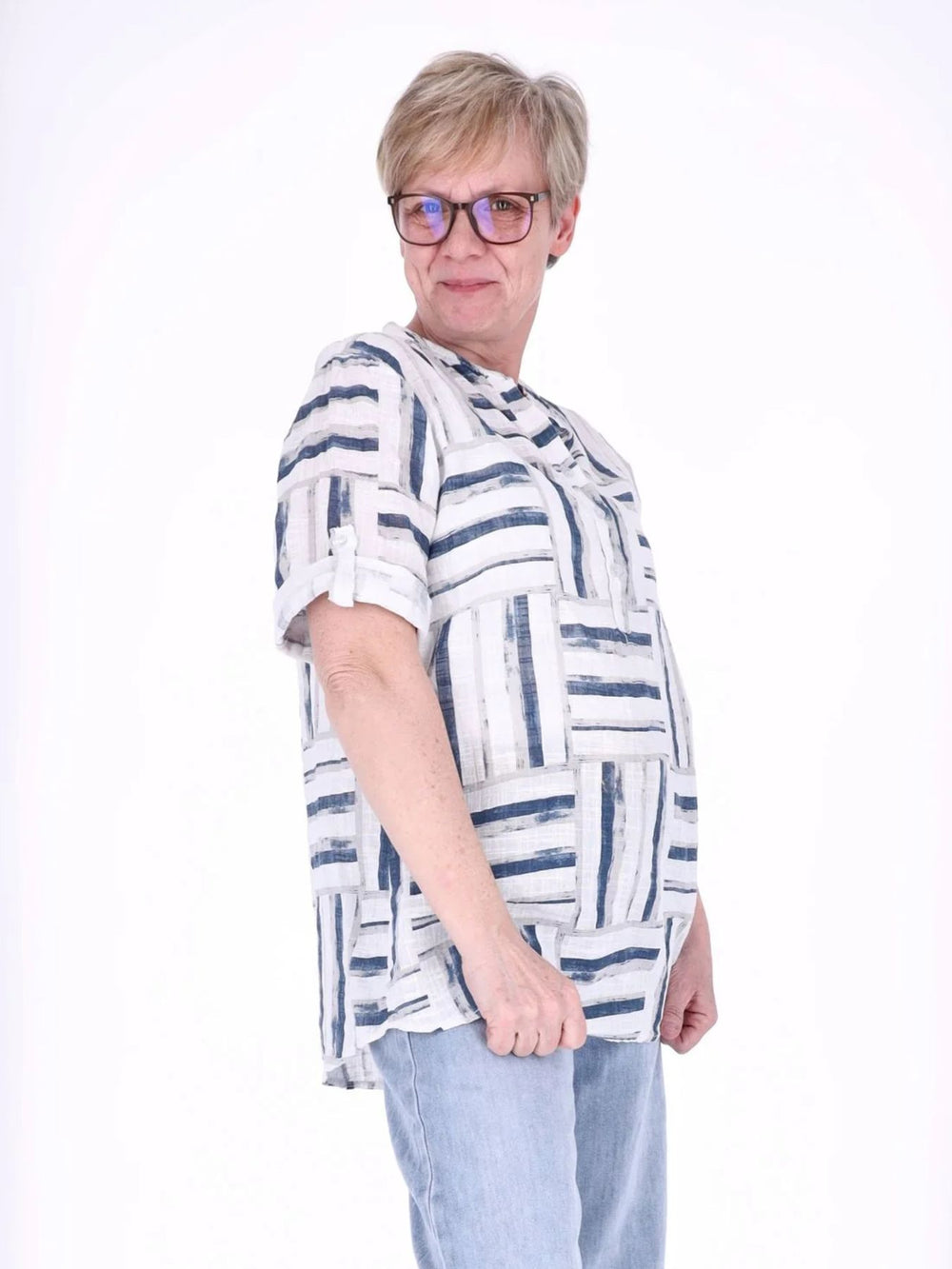 Blusenshirt Damen 3/4 Krempelarm AOP Streifen