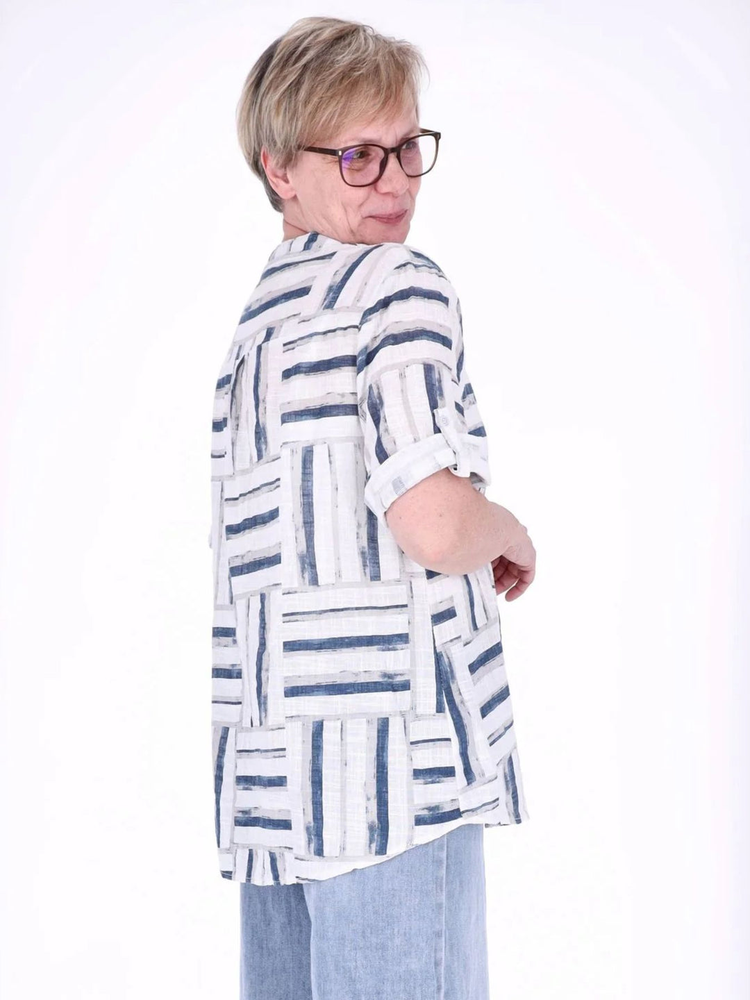 Blusenshirt Damen 3/4 Krempelarm AOP Streifen