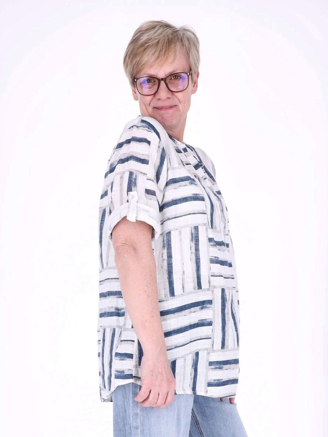 Blusenshirt Damen 3/4 Krempelarm AOP Streifen