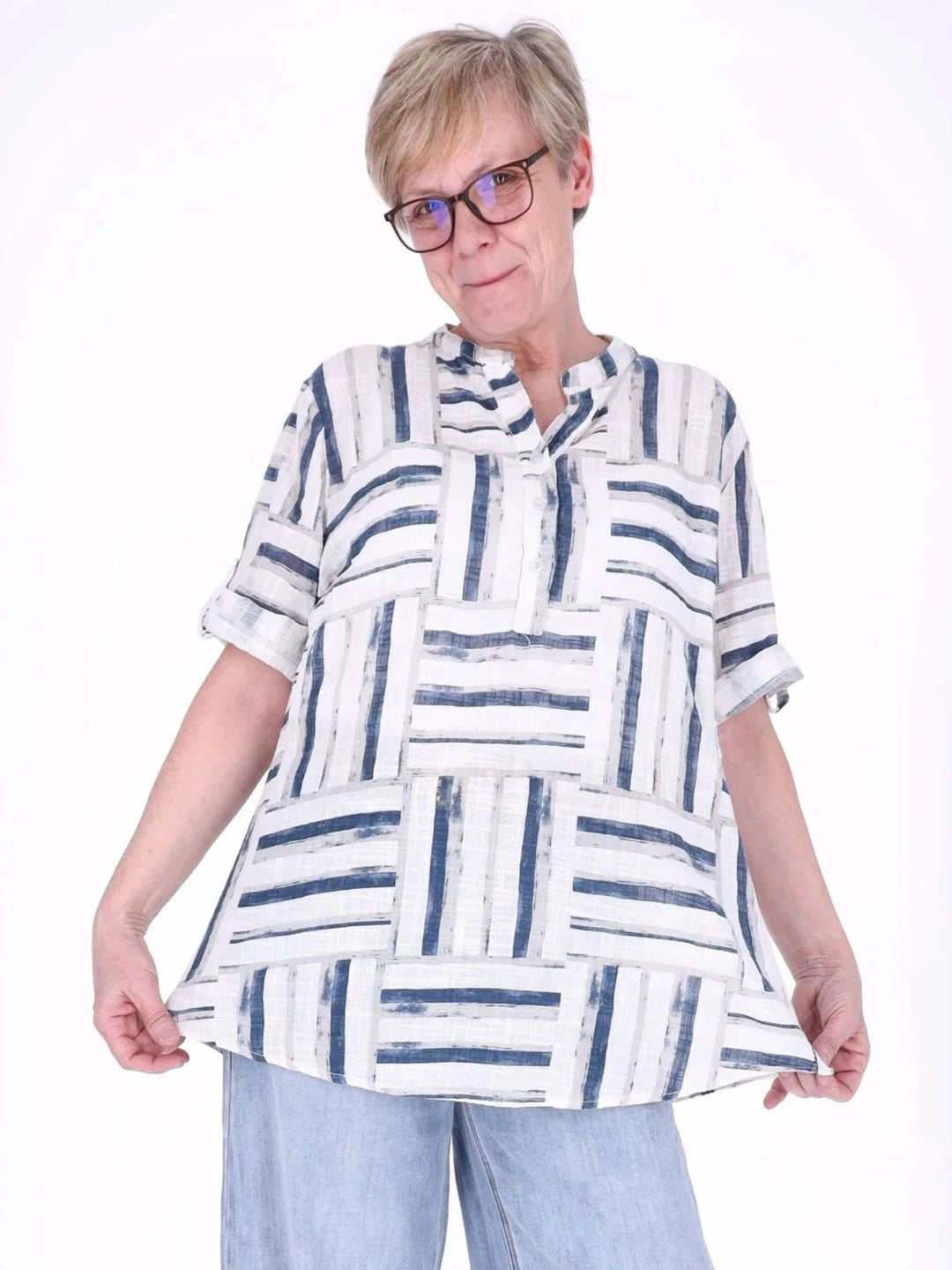 Blusenshirt Damen 3/4 Krempelarm AOP Streifen
