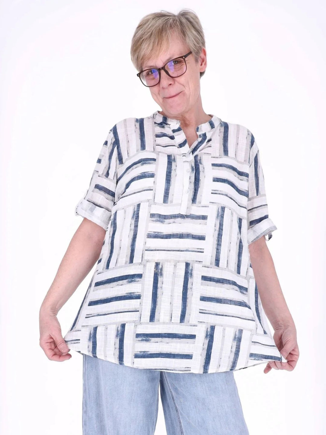 Blusenshirt Damen 3/4 Krempelarm AOP Streifen