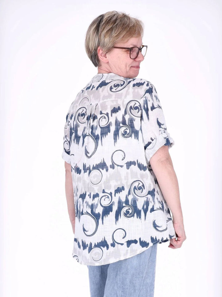 Damen Blusenshirt mit Allover-Print und 3/4-Krempelärmeln aus Baumwoll-Leinen-Mix