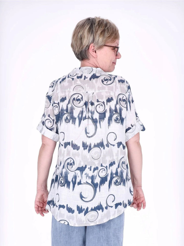 Damen Blusenshirt mit Allover-Print und 3/4-Krempelärmeln aus Baumwoll-Leinen-Mix