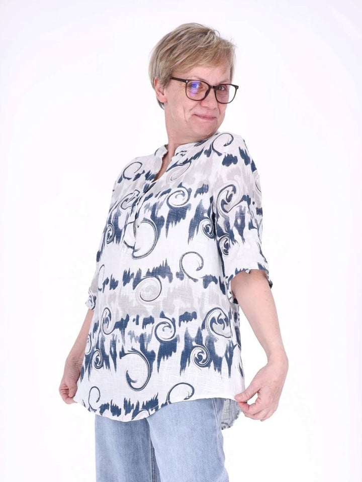 Damen Blusenshirt mit Allover-Print und 3/4-Krempelärmeln aus Baumwoll-Leinen-Mix