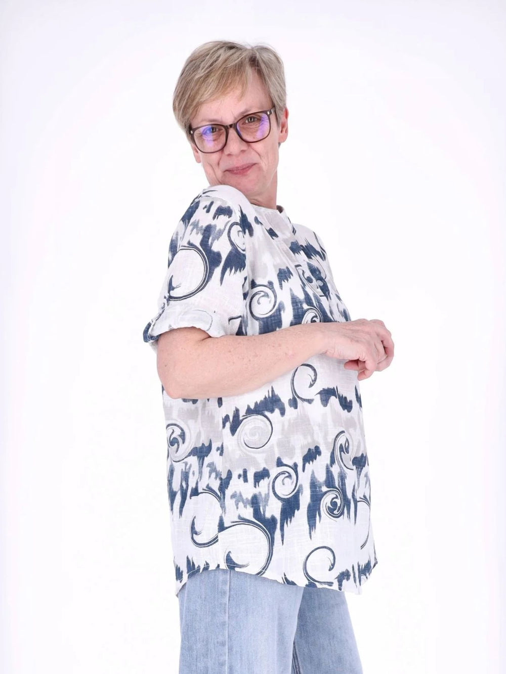 Damen Blusenshirt mit Allover-Print und 3/4-Krempelärmeln aus Baumwoll-Leinen-Mix