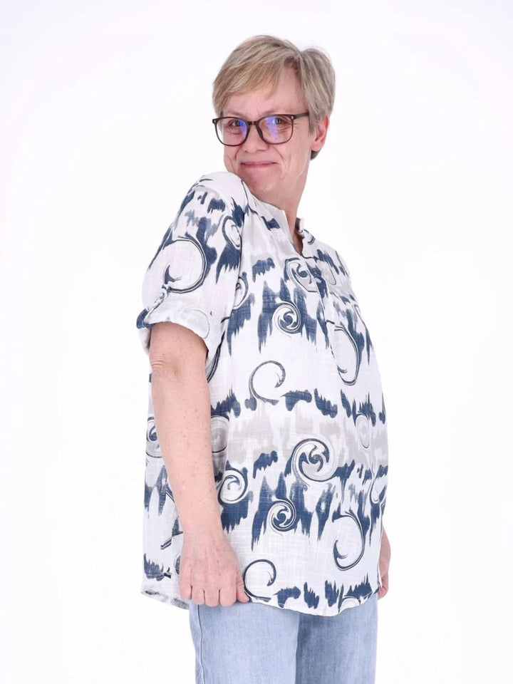 Damen Blusenshirt mit Allover-Print und 3/4-Krempelärmeln aus Baumwoll-Leinen-Mix
