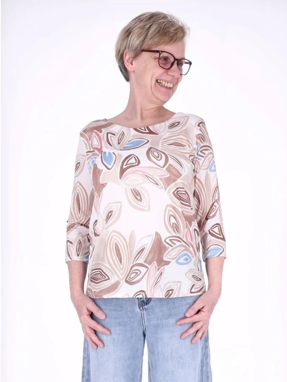 Damen Shirt mit 3/4-Ärmeln und Allover-Print – Beige