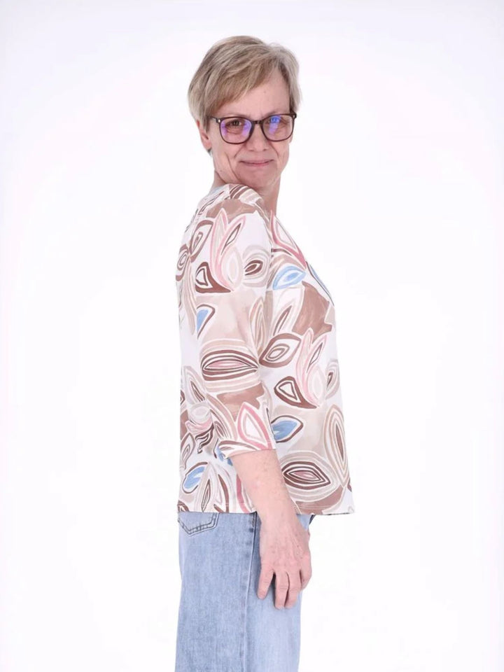 Damen Shirt mit 3/4-Ärmeln und Allover-Print – Beige
