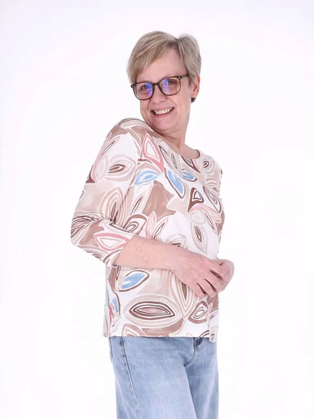 Damen Shirt mit 3/4-Ärmeln und Allover-Print – Beige